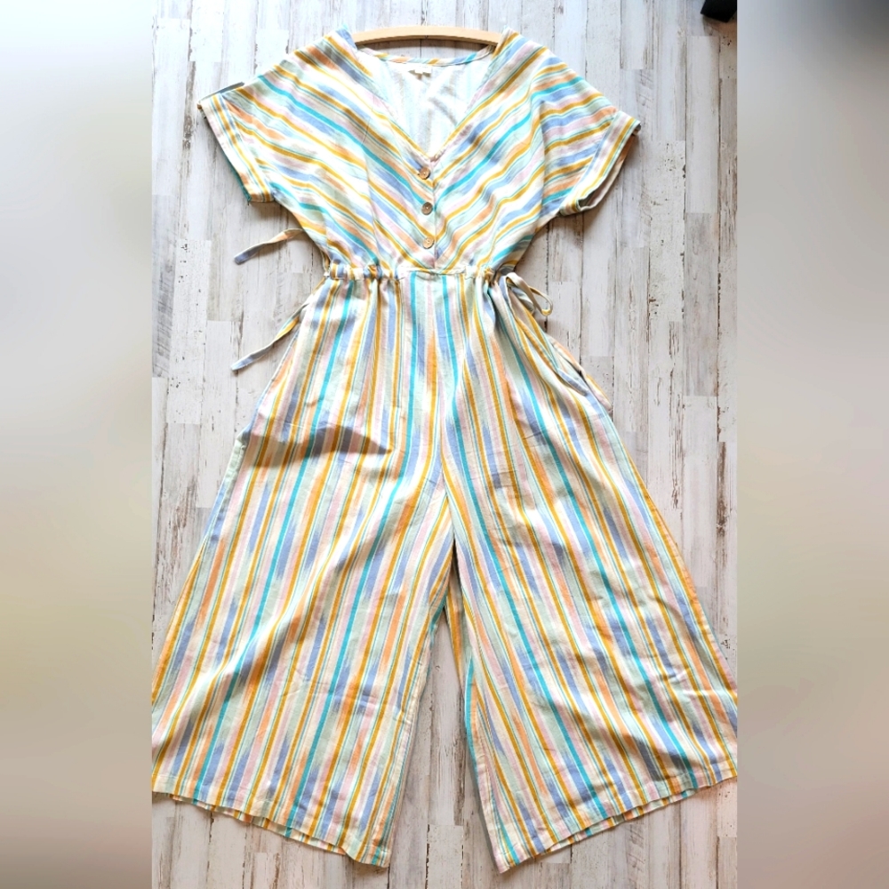 Linen Striped Jumpsuit with Drawstring Waist and Pockets Size S/M